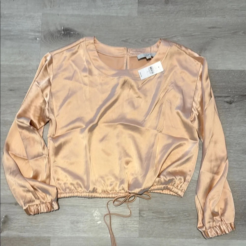 LOFT Blush Tan Puff Sleeve Satin‎ Crop Blouse